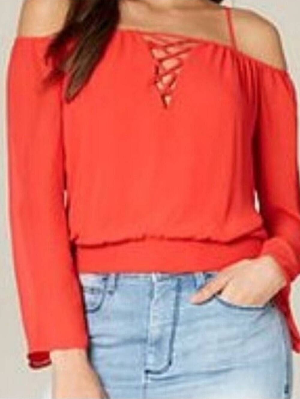 Bebe Hannah Off Shoulder Criss Cross Detail Top Blouse Coral Pink Size Medium